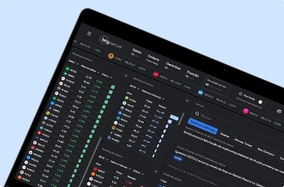 Ilustração de notebook exibindo painel com gráficos financeiros do aplicativo BTG Trader.